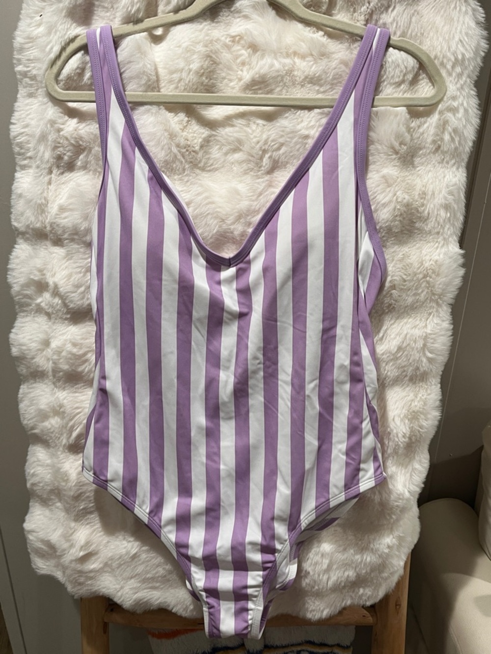 Kona Sol Lavender and White Vertical Stripe One-Piece Swimsuit